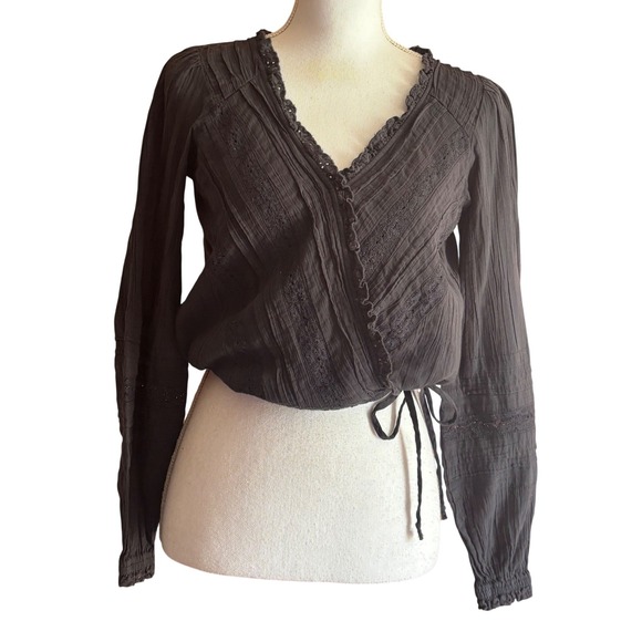 American Eagle Outfitters Tops - American Eagle Black Crinkle Gauze Lace Wrap Top Boho Eyelet Romantic Peasant